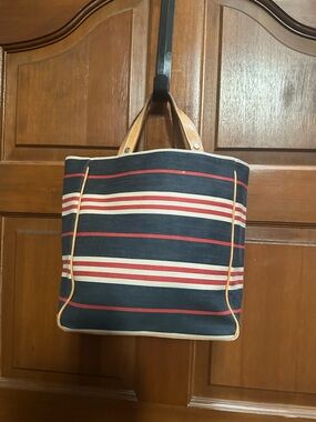 Burberry Navy, Red and Cream Striped Canvas Tote (2 edges worn-see photo)